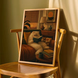 Persian Cat Reading in Armchair Poster | Retro Modern Cat Wall Art | Mustard Yellow Walnut Brown Decor | Cozy Mid Century Living Room Print