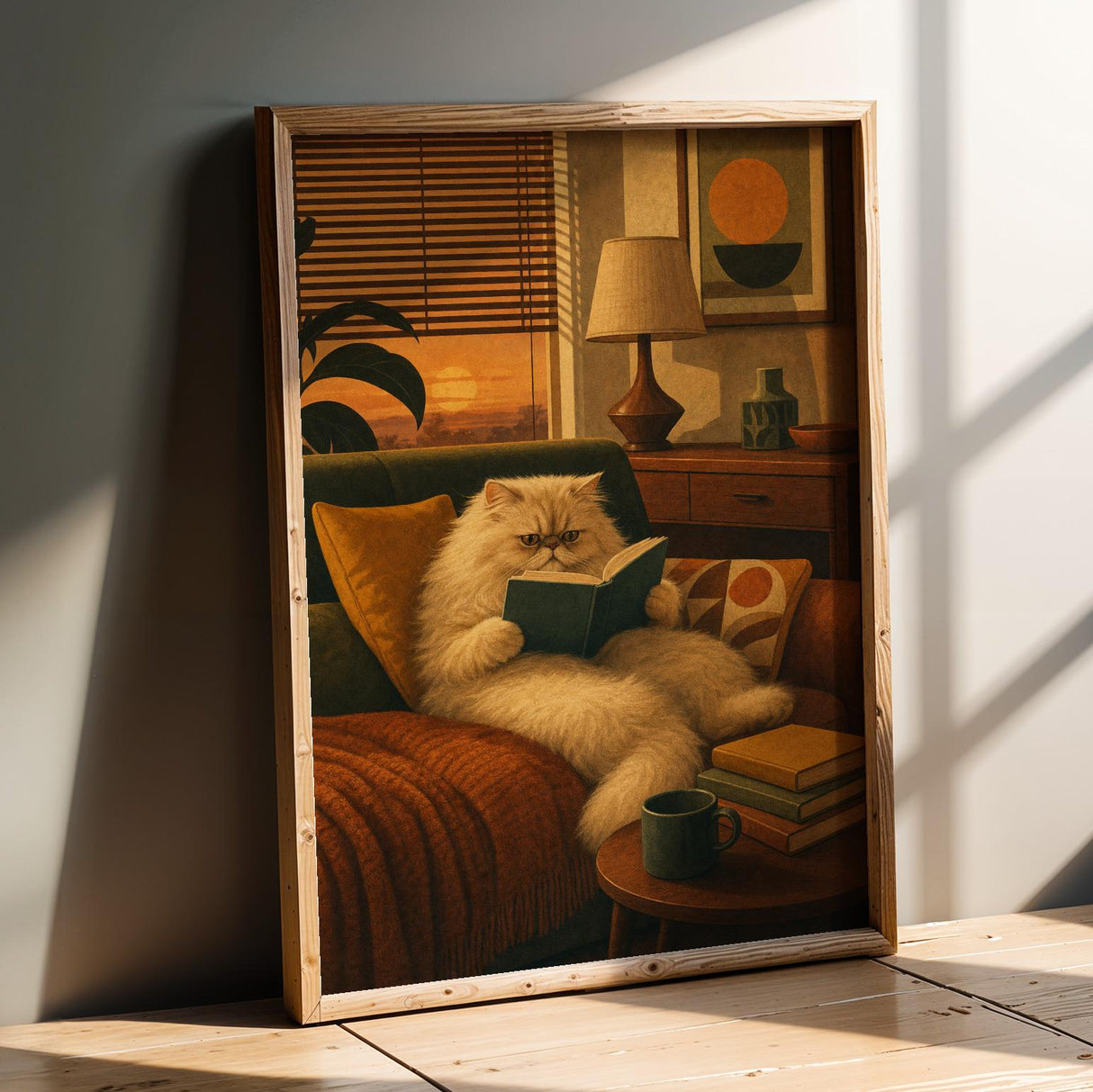 Persian Cat Reading in Armchair Poster | Retro Modern Cat Wall Art | Mustard Yellow Walnut Brown Decor | Cozy Mid Century Living Room Print