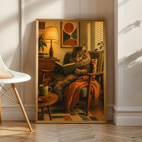Maine Coon Reading in Armchair Poster | Retro Modern Cat Wall Art | Burnt Orange Walnut Brown Decor | Cozy Mid Century Office Print