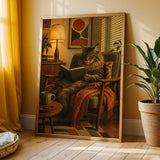 Maine Coon Reading in Armchair Poster | Retro Modern Cat Wall Art | Burnt Orange Walnut Brown Decor | Cozy Mid Century Office Print