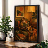 Bengal Cat Reading in Armchair Poster | Mid Century Modern Cat Wall Art | Mustard Yellow Burnt Orange Decor | Cozy Retro Living Room Print
