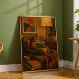 Bengal Cat Reading in Armchair Poster | Mid Century Modern Cat Wall Art | Mustard Yellow Burnt Orange Decor | Cozy Retro Living Room Print