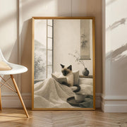 Siamese Cat Reading in Bed illustrated in Japanese Zen Sumi-e style on a poster