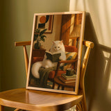 Turkish Angora Cat Reading in Armchair Poster | Retro Modern Cat Wall Art | Warm Cream Yellow Decor | Cozy Mid Century Living Room Print