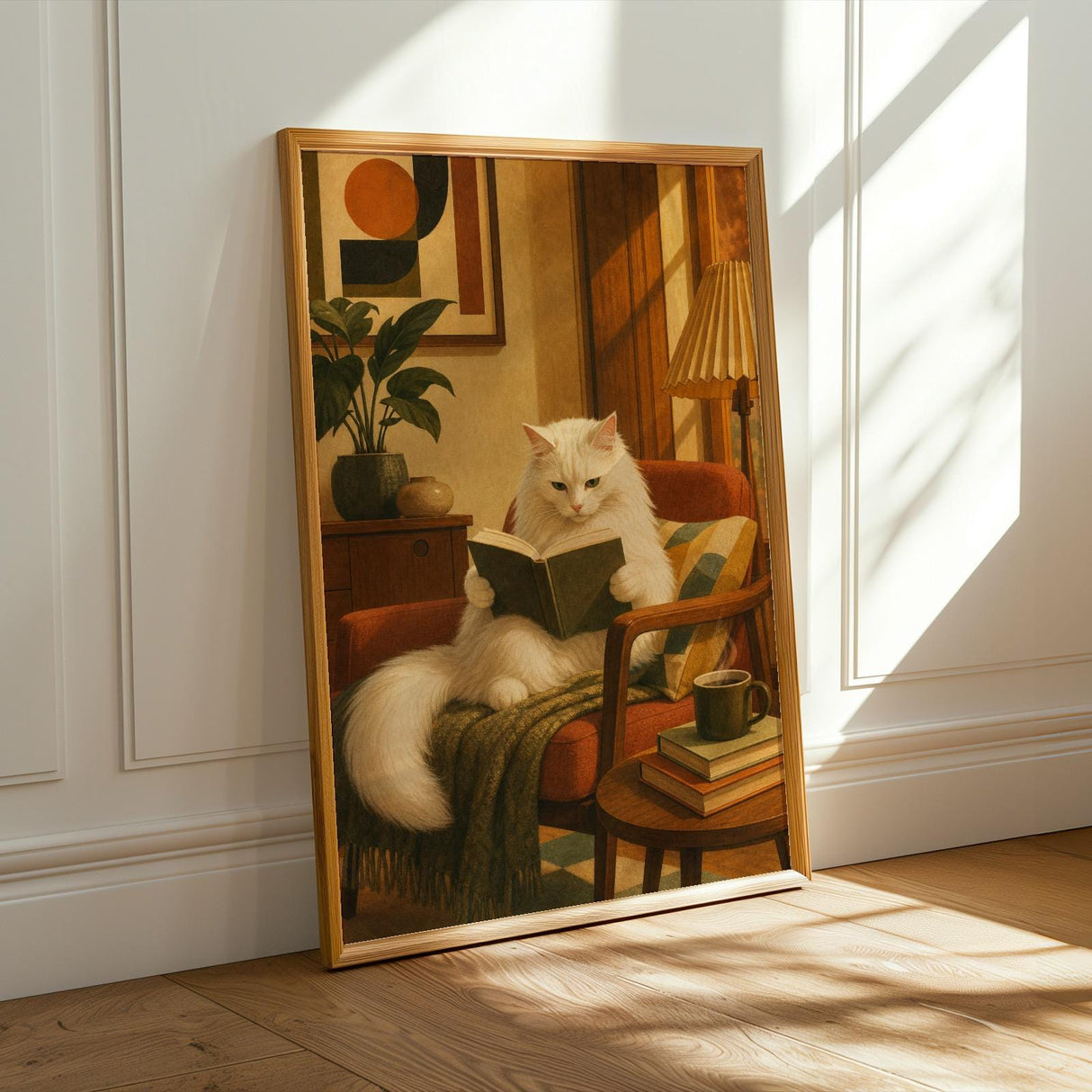 Turkish Angora Cat Reading in Armchair Poster | Retro Modern Cat Wall Art | Warm Cream Yellow Decor | Cozy Mid Century Living Room Print