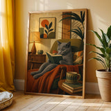 Russian Blue Cat Reading Book Poster | Modern Cat Wall Art Print | Warm Cream Mustard Yellow Decor | Literary Cat Lover Gift | Office Decor
