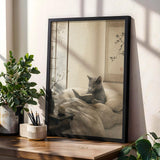 Fog Gray Zen Cat Poster | Modern Sumi-E Paper Print | Russian Blue Cat Wall Print | Japanese Zen Printable Art | Bedroom Decor Posters