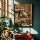 Greyhound Dog Reading In Bed Art Print - Soft Gouache, Warm Beige and Oat Milk