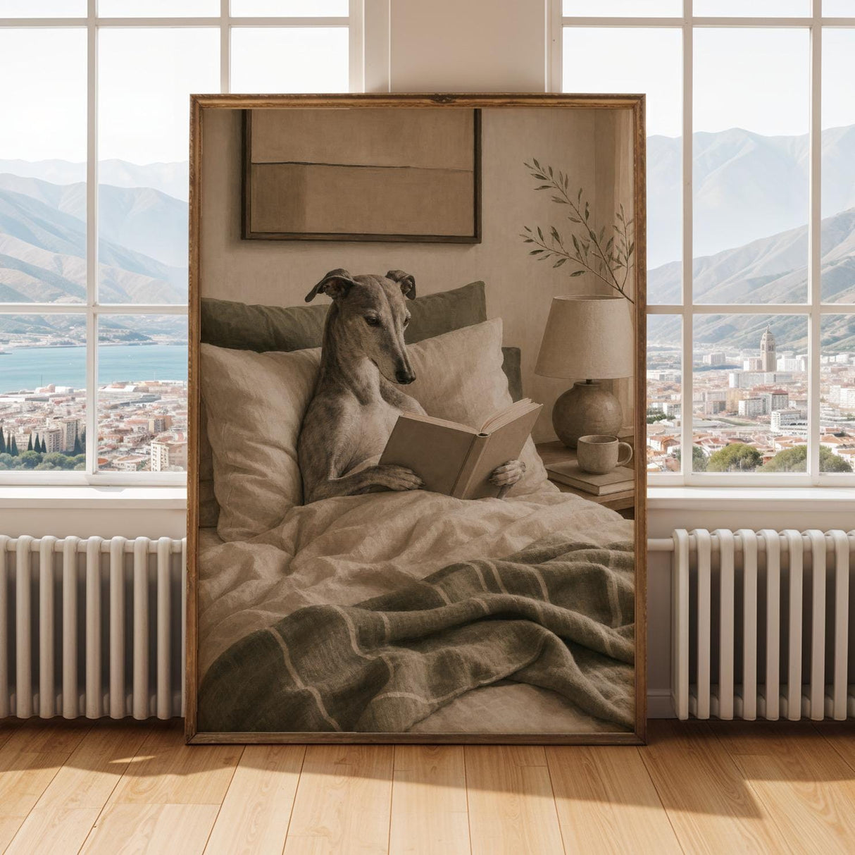 Greyhound Dog Reading In Bed Art Print - Soft Gouache, Warm Beige and Oat Milk