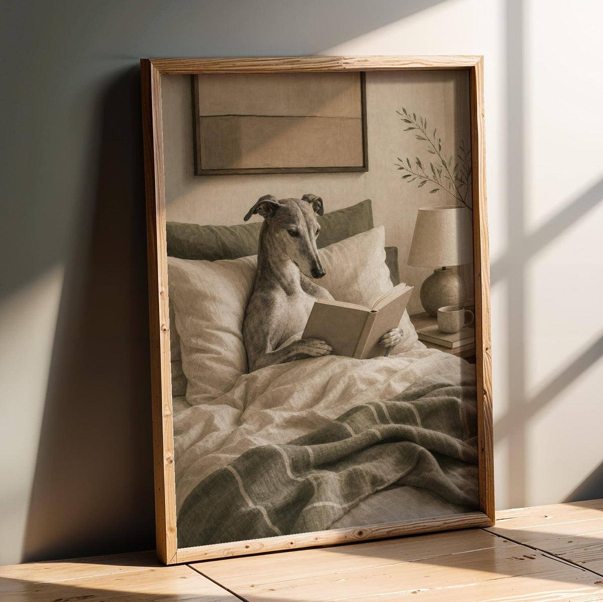 Greyhound Dog Reading In Bed Art Print - Soft Gouache, Warm Beige and Oat Milk