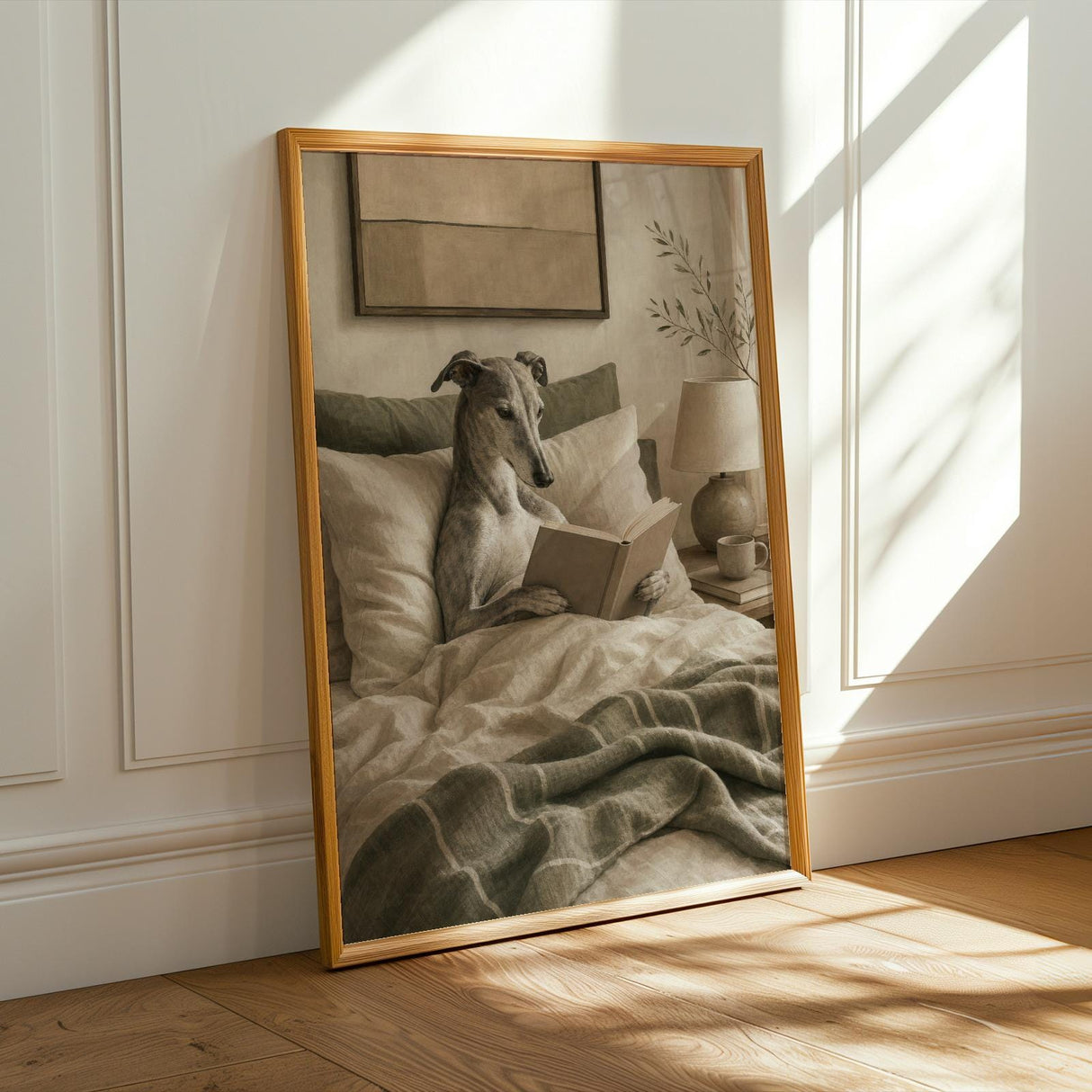 Greyhound Dog Reading In Bed Art Print - Soft Gouache, Warm Beige and Oat Milk