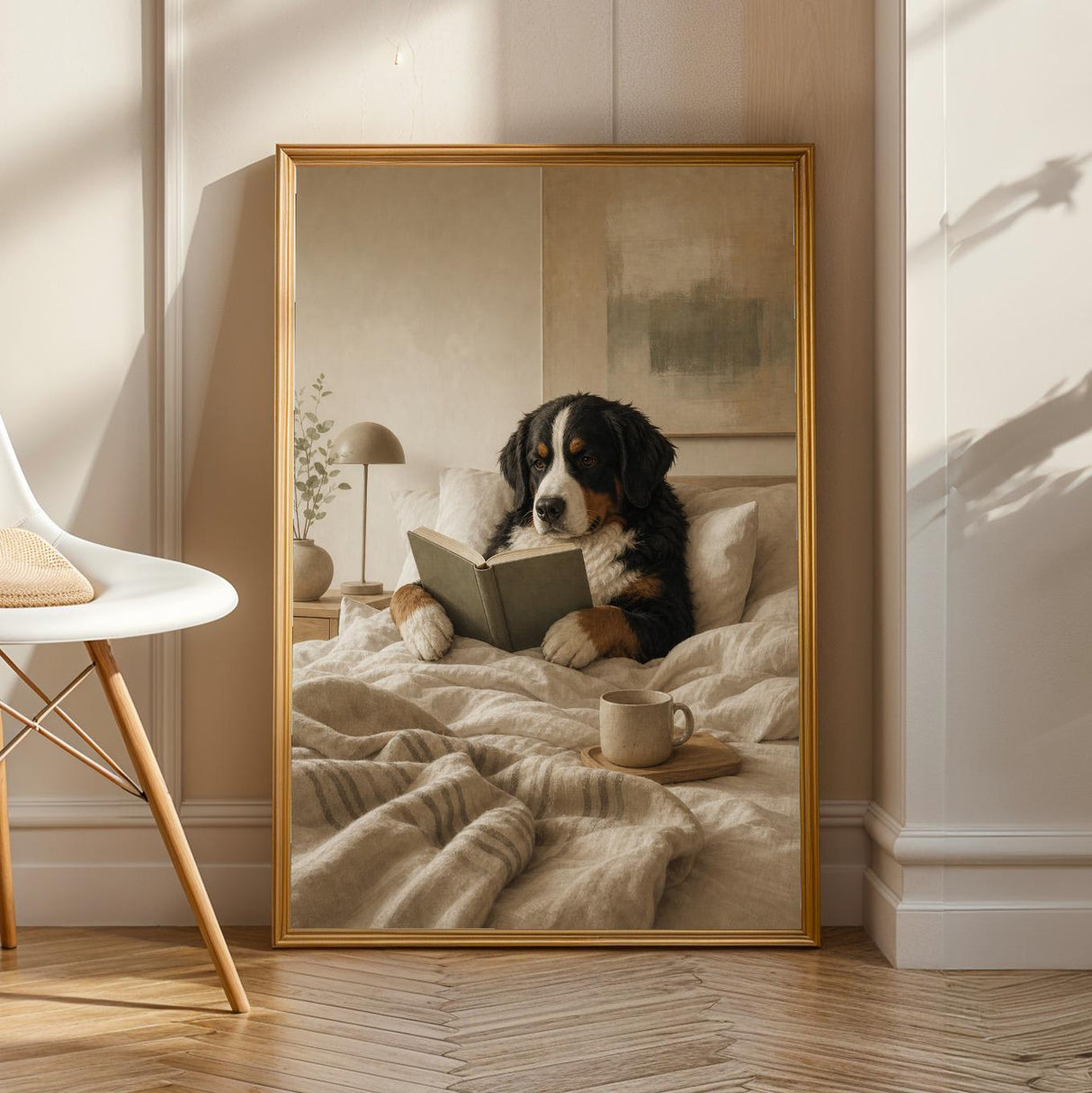 Bernese Mountain Dog Reading in Bed Poster | Modern Gouache Dog Wall Art | Warm Oat Milk Beige Decor | Scandinavian Bedroom Print