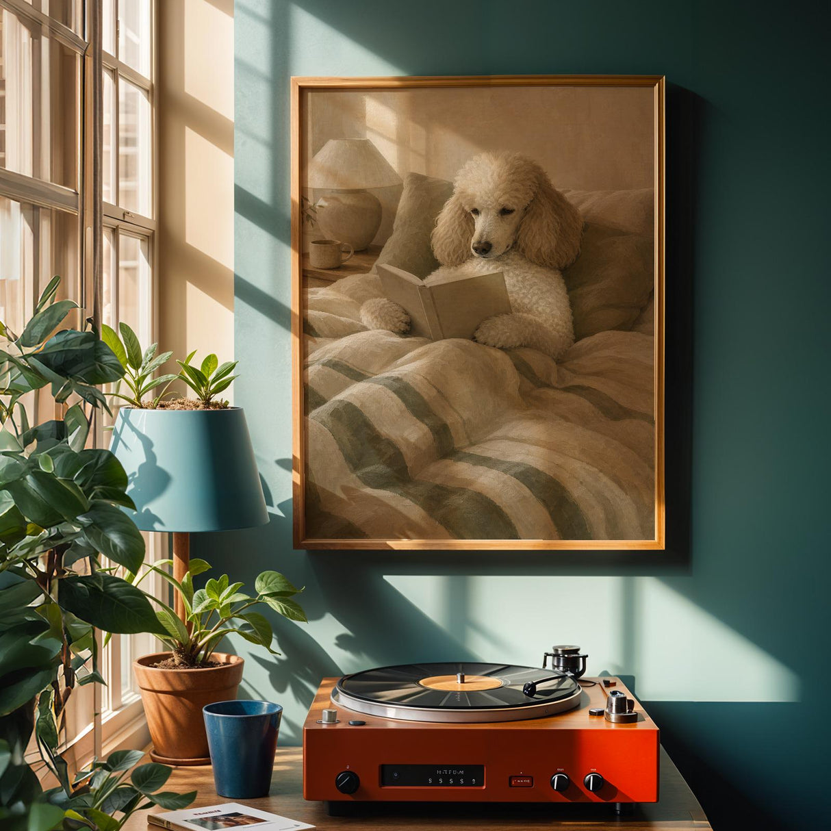 Nordic Standard Poodle Reading Book Art Print – Modern Gouache, Warm Beige and Dusty Sage