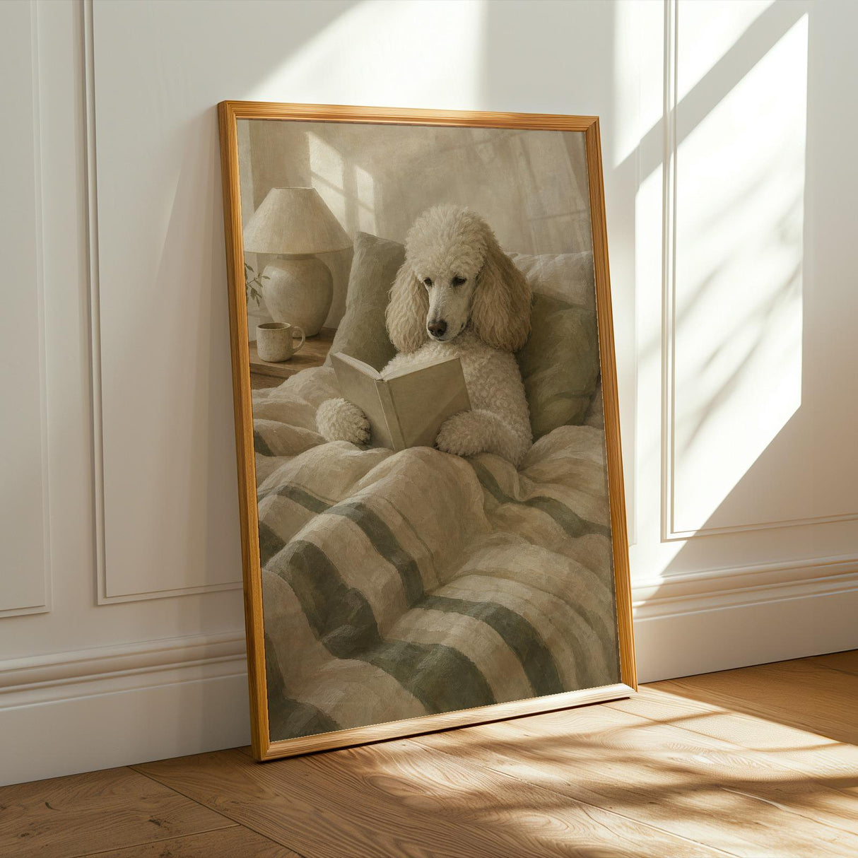 Nordic Standard Poodle Reading Book Art Print – Modern Gouache, Warm Beige and Dusty Sage