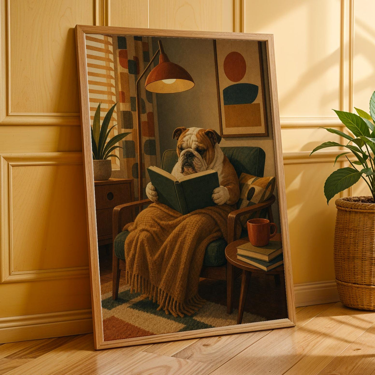 English Bulldog Reading a Book Poster | Modern Dog Wall Art Print | Mustard Yellow Burnt Orange Decor | Cozy Reading Nook Art