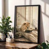 Chow Chow Reading in Bed Poster | Zen Ink Wash Dog Wall Art | Warm Ivory Fog Gray Decor | Minimalist Japanese Style Print | Chow Lover Gift