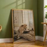 Chow Chow Reading in Bed Poster | Zen Ink Wash Dog Wall Art | Warm Ivory Fog Gray Decor | Minimalist Japanese Style Print | Chow Lover Gift
