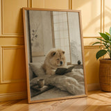 Chow Chow Reading in Bed Poster | Zen Ink Wash Dog Wall Art | Warm Ivory Fog Gray Decor | Minimalist Japanese Style Print | Chow Lover Gift