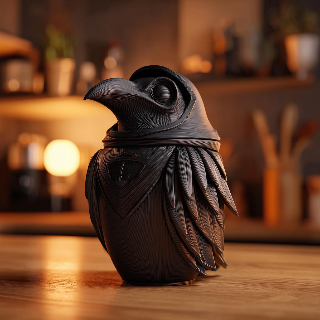 3D printed raven memorial urn with sculpted feather details and removable lid displayed on a wooden table in warm ambient lighting.