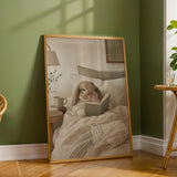 Holland Lop Rabbit Reading in Bed Poster | Scandinavian Gouache Bunny Wall Art | Warm Oat Milk Neutral Decor | Cozy Minimalist Bedroom Print
