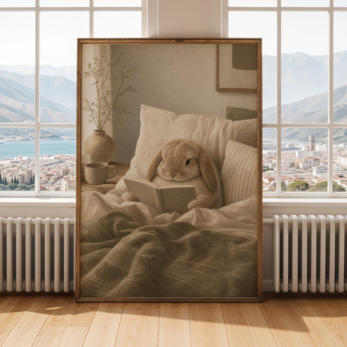 Mini Lop Rabbit Reading in Bed Poster | Modern Gouache Bunny Wall Art | Warm Beige Dusty Sage Decor | Cozy Scandinavian Bedroom Print