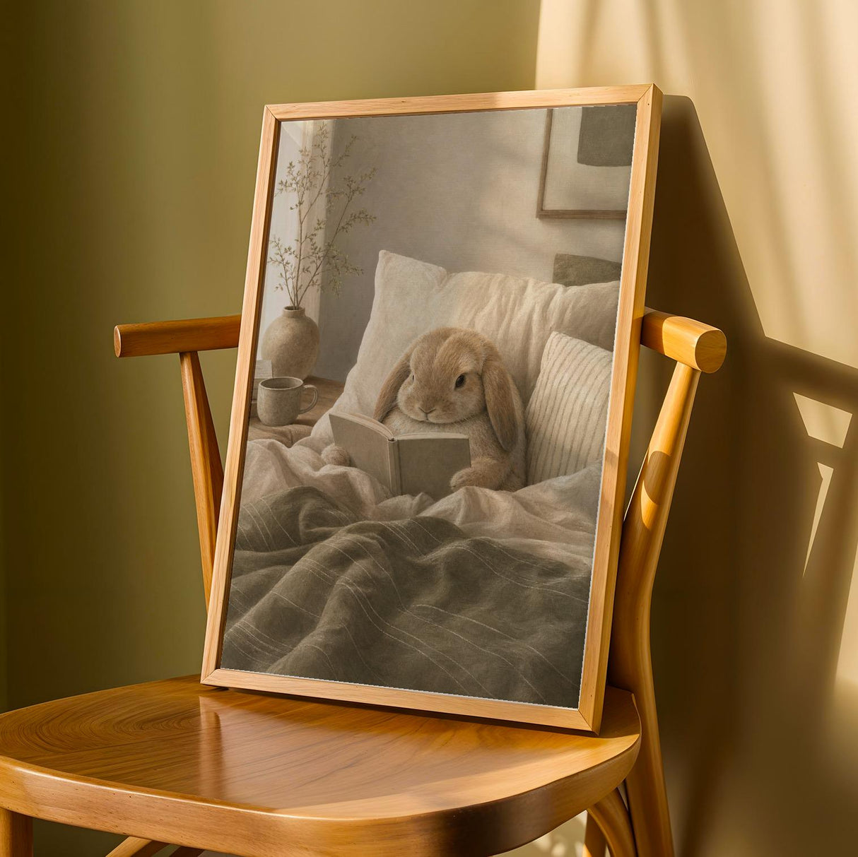 Mini Lop Rabbit Reading in Bed Poster | Modern Gouache Bunny Wall Art | Warm Beige Dusty Sage Decor | Cozy Scandinavian Bedroom Print