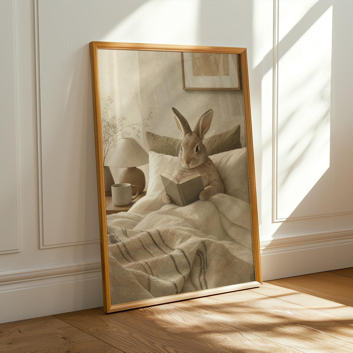Californian Rabbit Reading in Bed Poster | Modern Gouache Bunny Wall Art | Warm Beige Oat Milk Decor | Cozy Scandinavian Bedroom Print