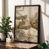 Netherland Dwarf Rabbit Reading in Bed Poster | Modern Gouache Bunny Wall Art | Warm Neutral Bedroom Decor | Cozy Minimalist Nook Print