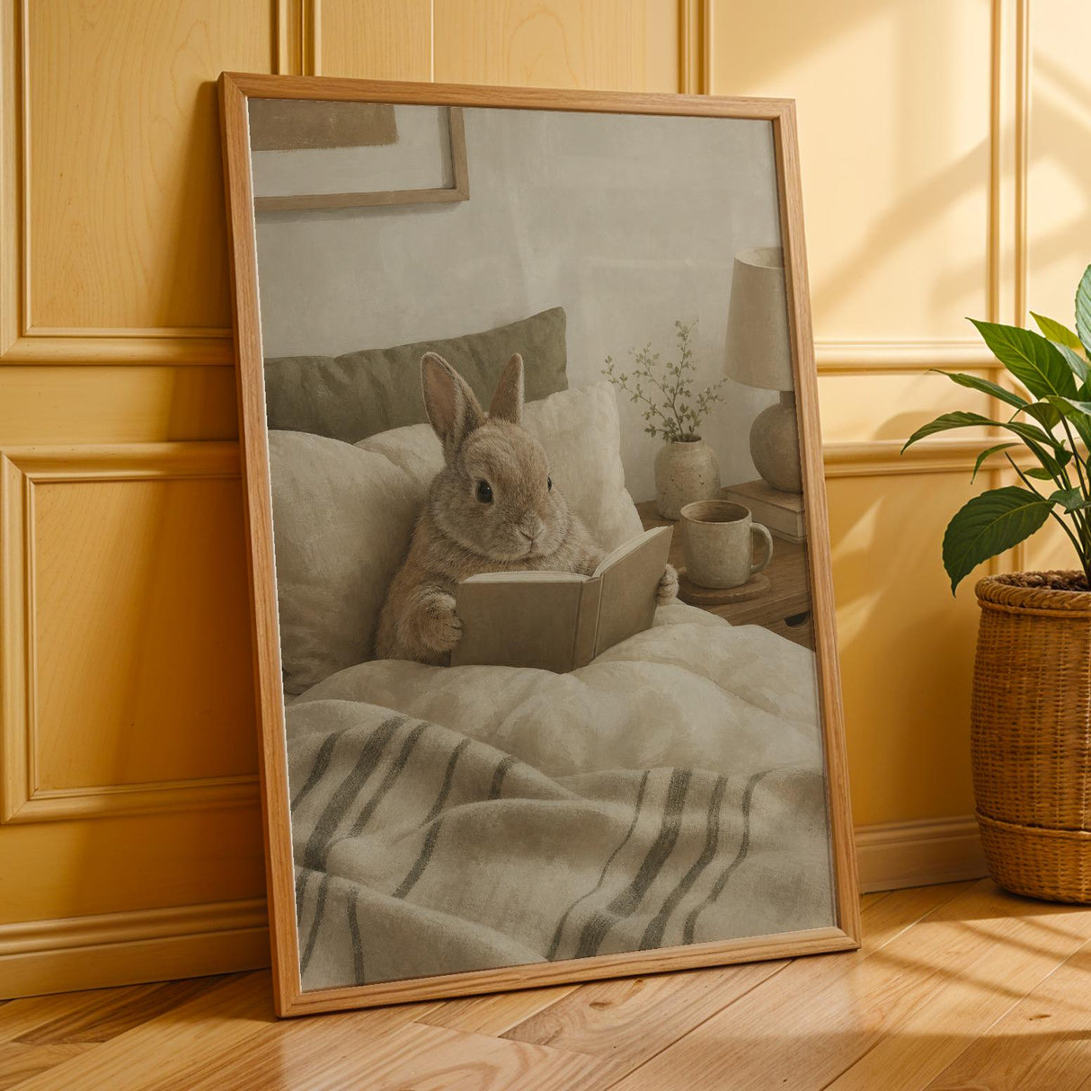 Netherland Dwarf Rabbit Reading in Bed Poster | Modern Gouache Bunny Wall Art | Warm Neutral Bedroom Decor | Cozy Minimalist Nook Print