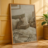 Netherland Dwarf Rabbit Reading in Bed Poster | Modern Gouache Bunny Wall Art | Warm Neutral Bedroom Decor | Cozy Minimalist Nook Print