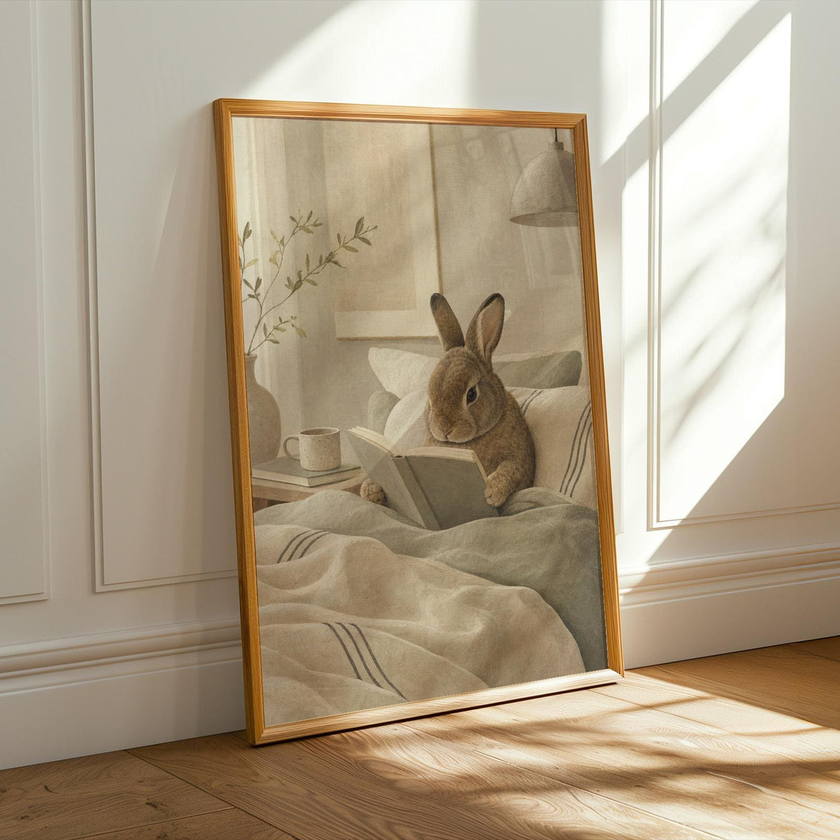 Mini Rex Rabbit Reading in Bed Poster | Scandinavian Gouache Bunny Wall Art | Warm Beige Oat Milk Decor | Cozy Nordic Bedroom Print
