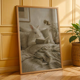 Angora Rabbit Reading in Bed Poster | Scandinavian Gouache Bunny Wall Art | Warm Neutral Nordic Decor | Cozy Minimalist Living Room Print