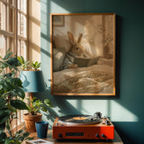 Satin Rabbit Reading in Bed Poster | Scandinavian Gouache Bunny Wall Art | Warm Neutral Nordic Decor | Cozy Minimalist Bedroom Nook Print