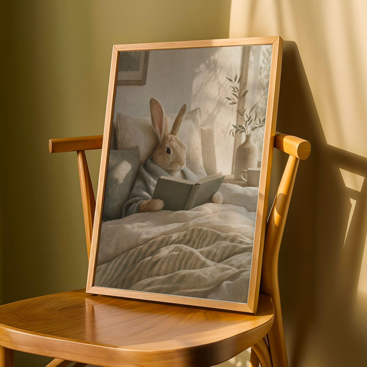 Satin Rabbit Reading in Bed Poster | Scandinavian Gouache Bunny Wall Art | Warm Neutral Nordic Decor | Cozy Minimalist Bedroom Nook Print