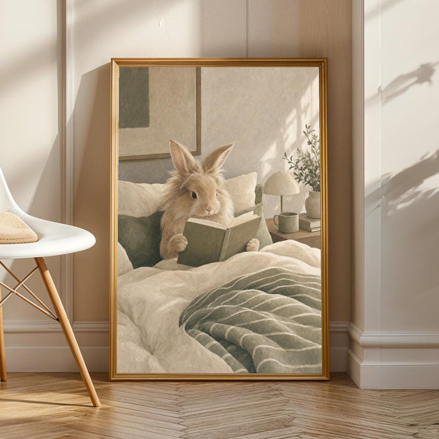 Lionhead Rabbit Reading in Bed Poster | Modern Gouache Bunny Wall Art | Warm Neutral Bedroom Decor Print | Cozy Minimalist Nook Art