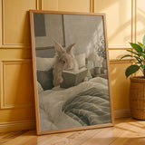 Lionhead Rabbit Reading in Bed Poster | Modern Gouache Bunny Wall Art | Warm Neutral Bedroom Decor Print | Cozy Minimalist Nook Art