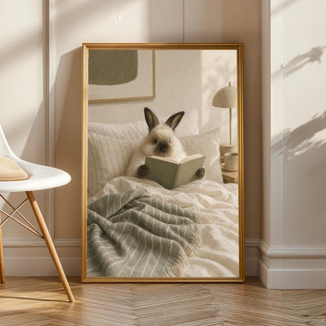 Himalayan Rabbit Reading in Bed Poster | Scandinavian Gouache Bunny Wall Art | Warm Beige Soft Ivory Decor | Cozy Minimalist Bedroom Print