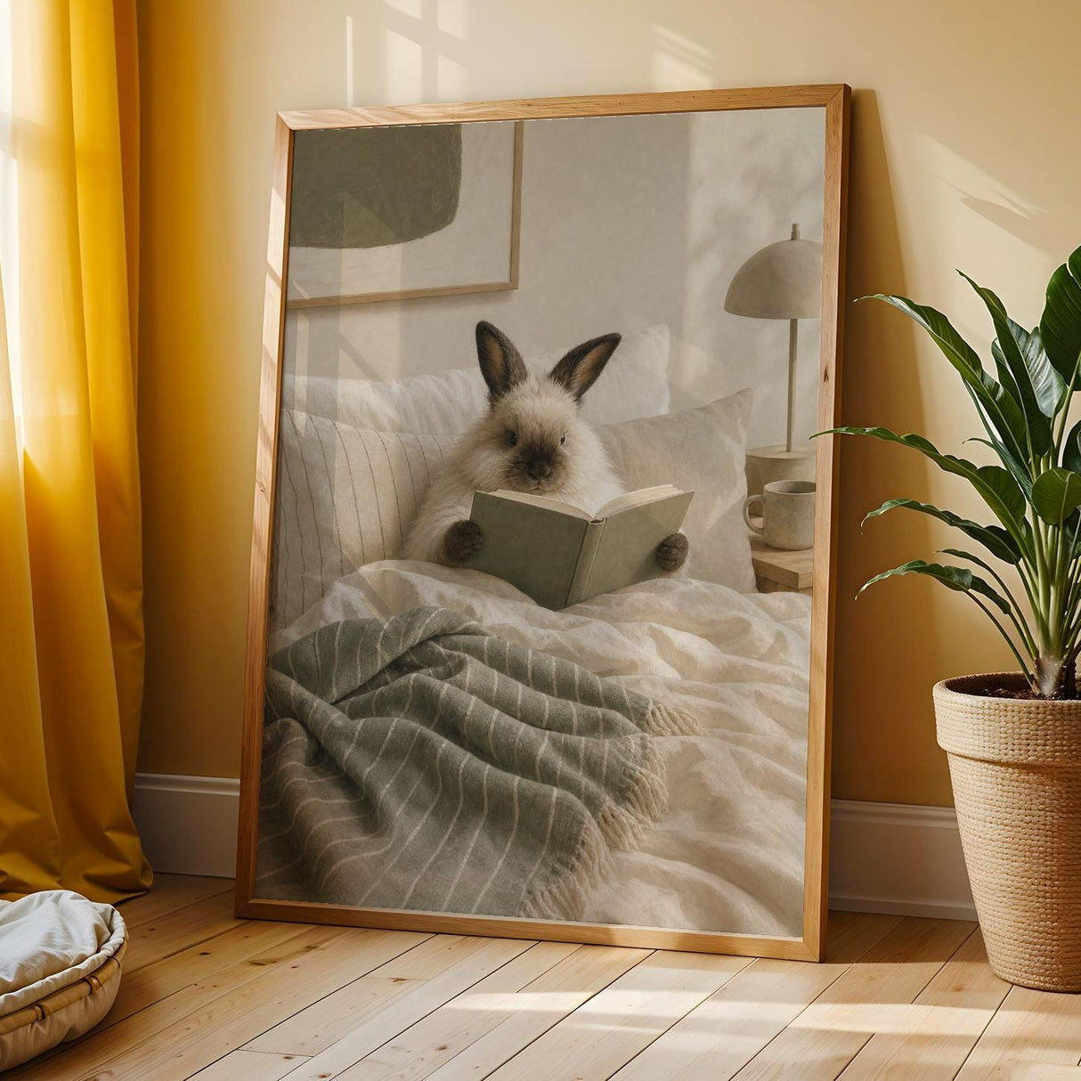 Himalayan Rabbit Reading in Bed Poster | Scandinavian Gouache Bunny Wall Art | Warm Beige Soft Ivory Decor | Cozy Minimalist Bedroom Print