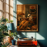 Harlequin Rabbit Reading in Armchair Poster | Retro Modern Bunny Wall Art Decor | Cozy Mid Century Living Room Print