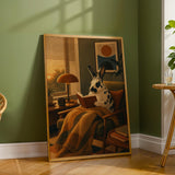 Harlequin Rabbit Reading in Armchair Poster | Retro Modern Bunny Wall Art Decor | Cozy Mid Century Living Room Print