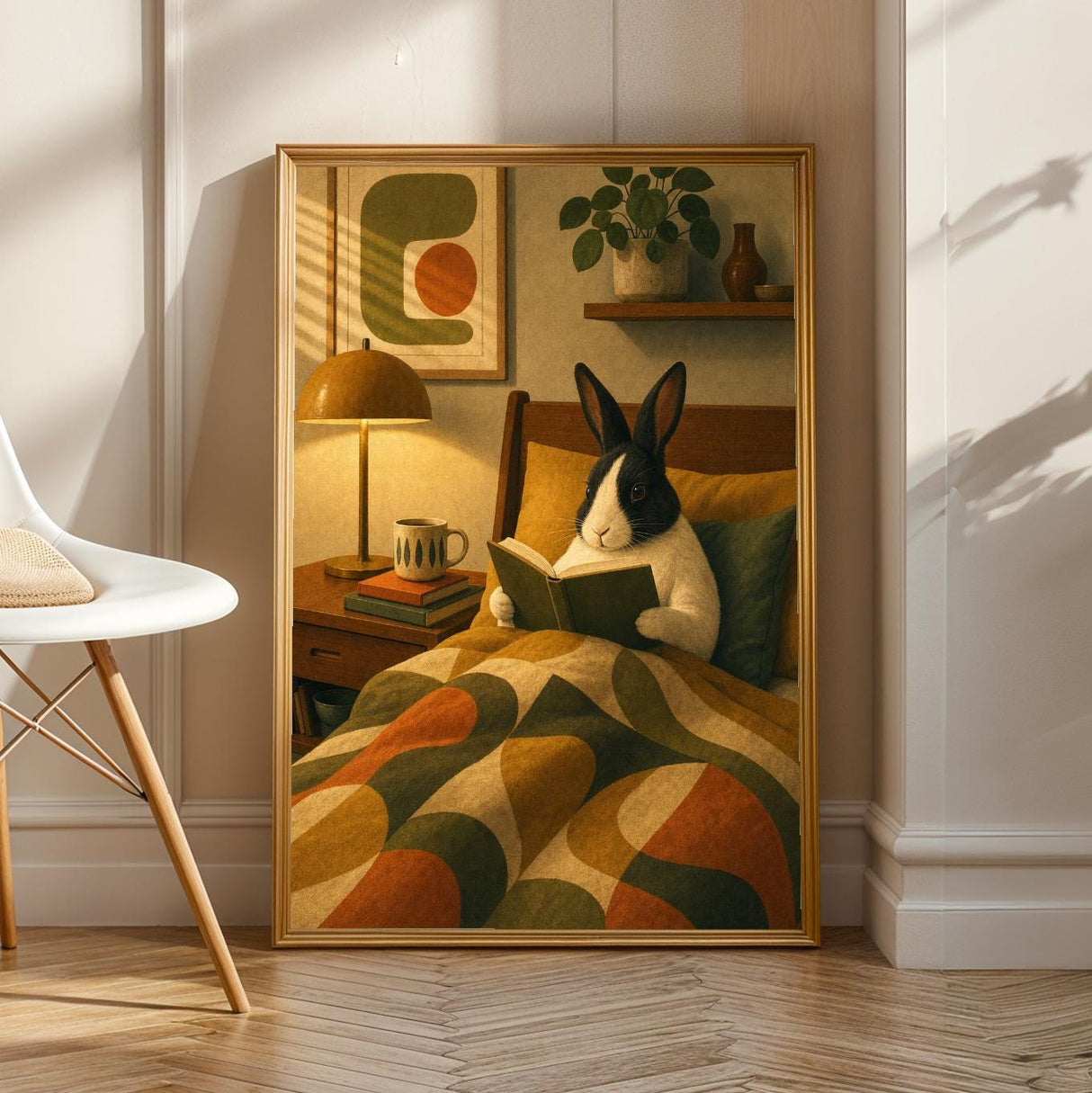 Dutch Rabbit Reading in Armchair Poster | Mid Century Retro Bunny Wall Art | Yellow Green Decor | Cozy Modern Living Room Print