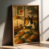 Dutch Rabbit Reading in Armchair Poster | Mid Century Retro Bunny Wall Art | Yellow Green Decor | Cozy Modern Living Room Print