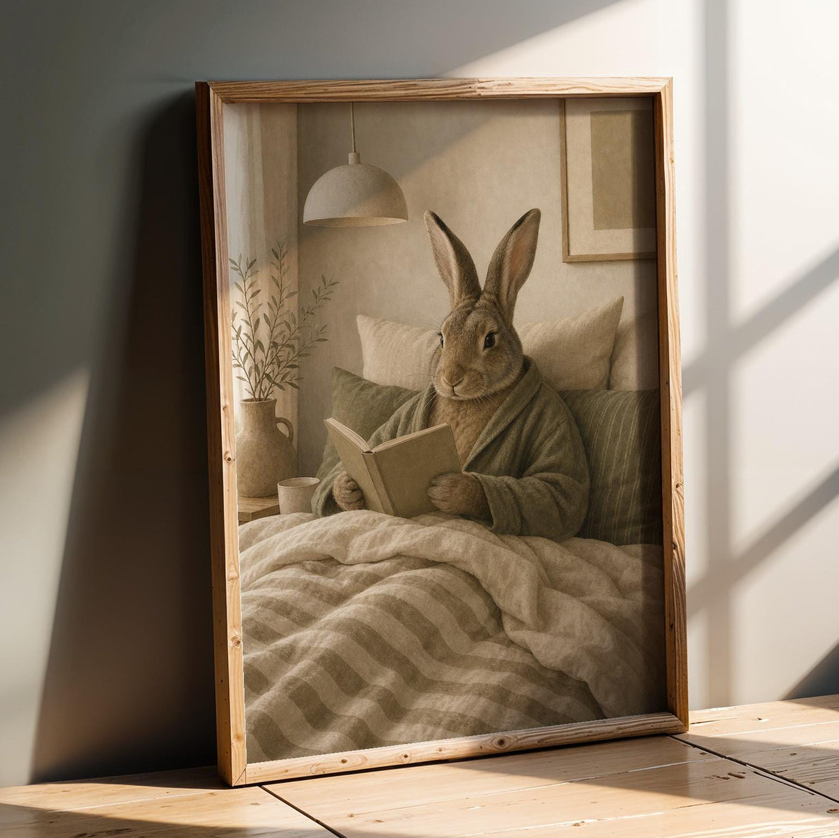 Flemish Rabbit Reading in Bed Poster | Nordic Gouache Bunny Wall Art | Warm Oat Milk Neutral Decor | Cozy Minimalist Bedroom Print
