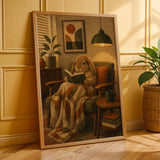 Mini Lop Rabbit Reading in Armchair Poster | Retro Modern Bunny Wall Art | Orange Olive Green Decor | Cozy Mid Century Living Room Print