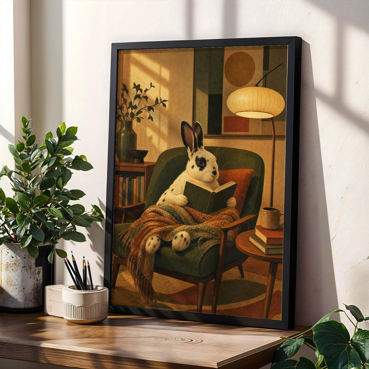 English Spot Rabbit Reading in Armchair Poster | Modern Bunny Wall Art | Green Warm Cream Decor | Cozy Reading Nook Living Room Print