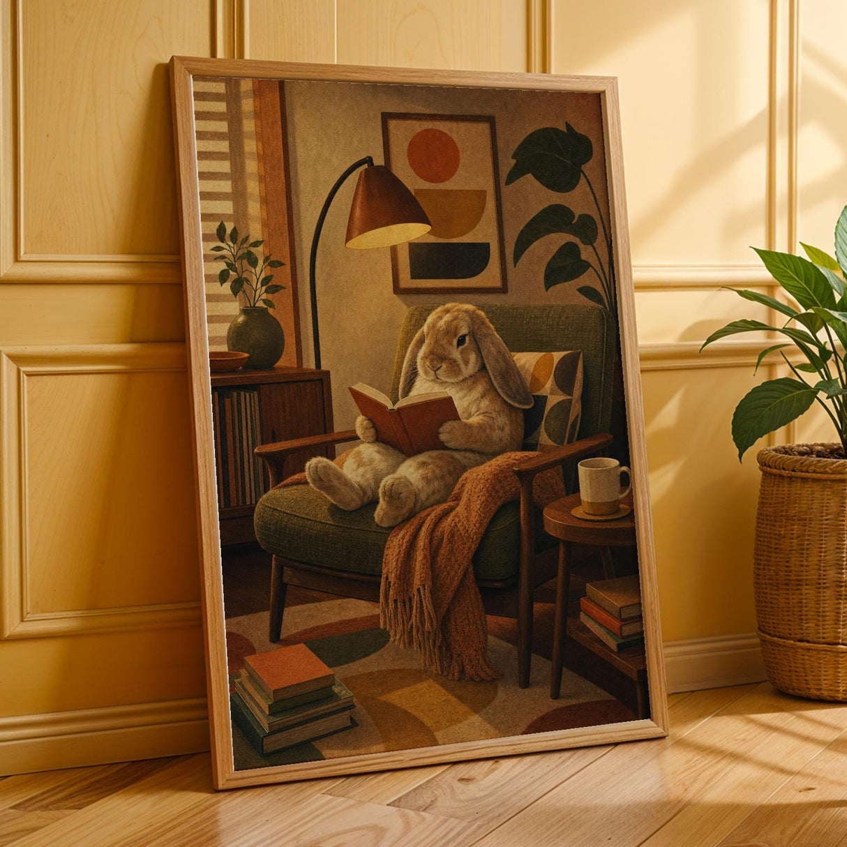 French Lop Rabbit Reading in Armchair Poster | Retro Painterly Bunny Wall Art | Muted Burnt Orange Decor | Cozy Mid Century Bedroom Print
