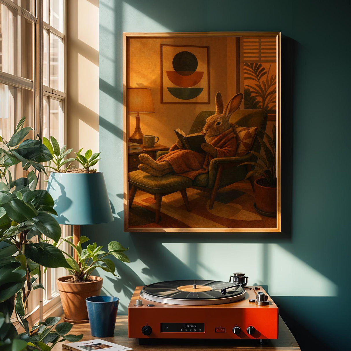 Havana Rabbit Reading in Armchair Poster | Retro Modern Bunny Wall Art | Mustard Yellow Burnt Orange Decor | Cozy Mid Century Bedroom Print