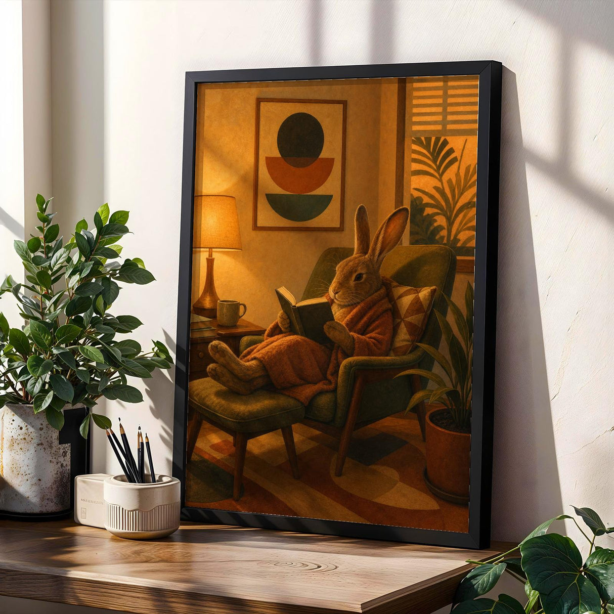 Havana Rabbit Reading in Armchair Poster | Retro Modern Bunny Wall Art | Mustard Yellow Burnt Orange Decor | Cozy Mid Century Bedroom Print