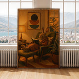 Havana Rabbit Reading in Armchair Poster | Retro Modern Bunny Wall Art | Mustard Yellow Burnt Orange Decor | Cozy Mid Century Bedroom Print