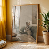 Californian Rabbit Reading in Bed Poster | Japanese Zen Sumi-e Bunny Wall Art | Warm Ivory Fog Gray Decor | Minimalist Bedroom Print